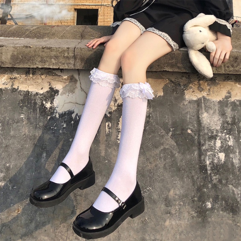 Vớ cotton cao đến đầu gối viền nhún bèo đính nơ màu trắng/đen phong cách lolita nhật bản ngọt ngào cho nữ