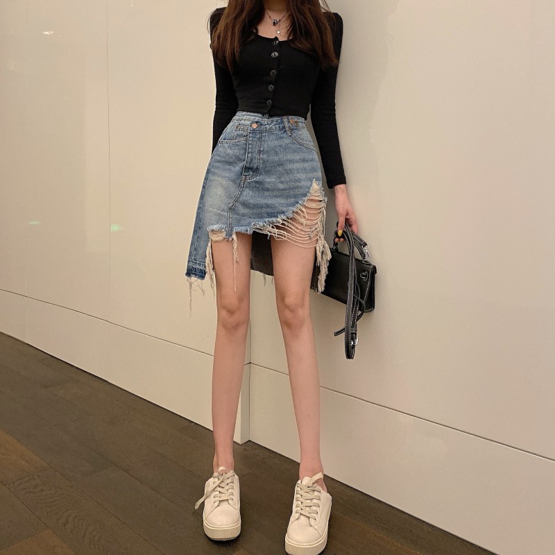 Váy jeans ngắn rách xanh ulzzang