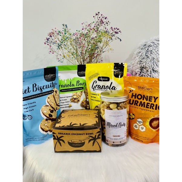 Olaben Nutrition combo 6 món granola-bar-biscuits -mixed-viên tỉnh nghệ-bộ bát gáo dừa