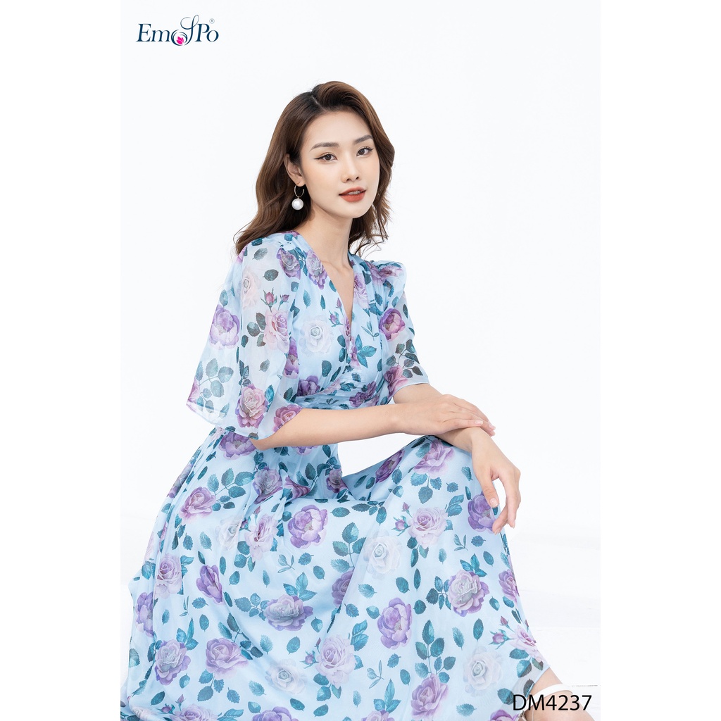 Đầm hoa xòe Emspo cổ tim, bấu ly phần eo thân trước DM4237