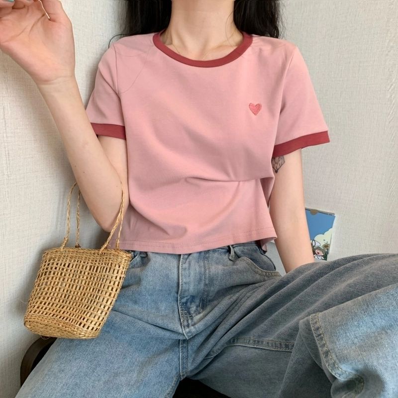 Áo Thun Ngắn Tay Thêu Họa Tiết Trái Tim Thời Trang Mùa Hè Phong Cách Hàn Quốc 2022 Cho Nữ