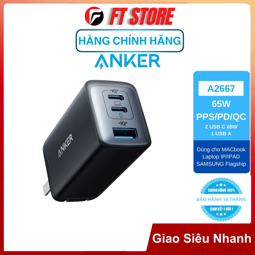 Củ sạc nhanh Anker PowerPort III 3-Port 65W GaN II - Công Nghệ PD/PPS/QC4.0 65W A2667 (BH 18TH)
