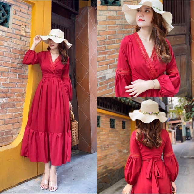 Đầm maxi đỏ phối viền nơ lưng chất lụa cao cấp