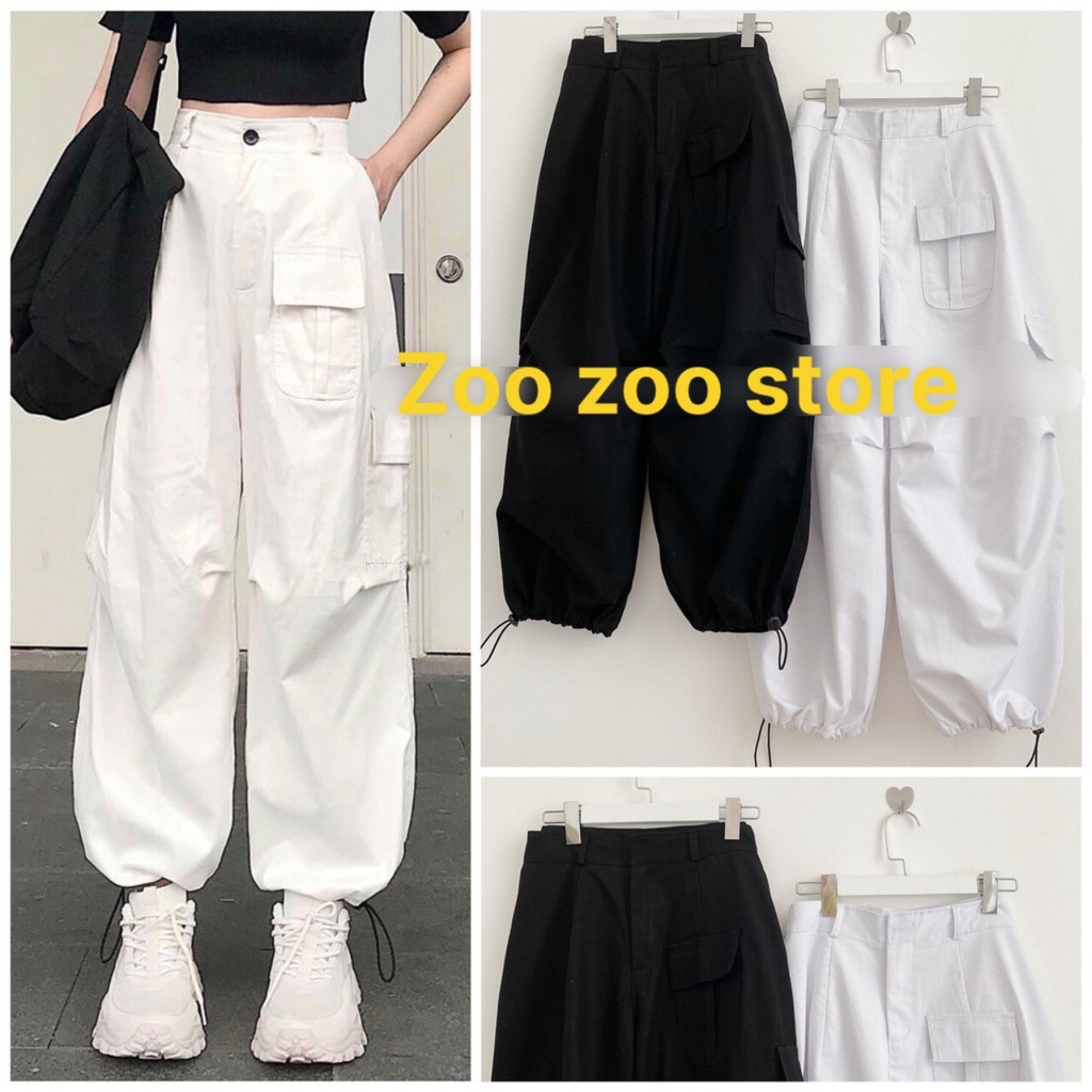 FREESHIP ĐƠN HÀNG TỪ 99K Quần Jogger Chất Kaki Ống Rộng Túi Hộp Dây Rút Cạp Cao Nữ  Đen Trắng Ullzang