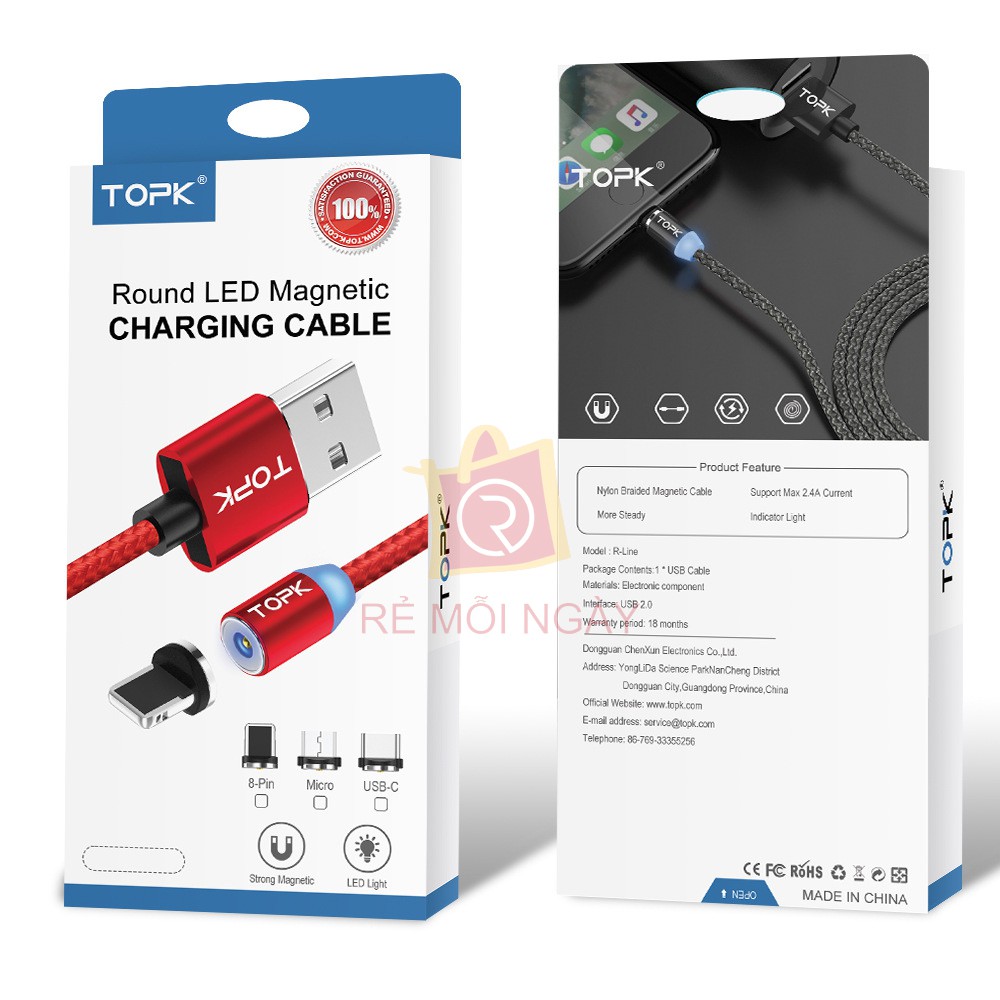 Cáp sạc TOPK 3 đầu nam châm , dây dài 2 mét có đèn led thông báo