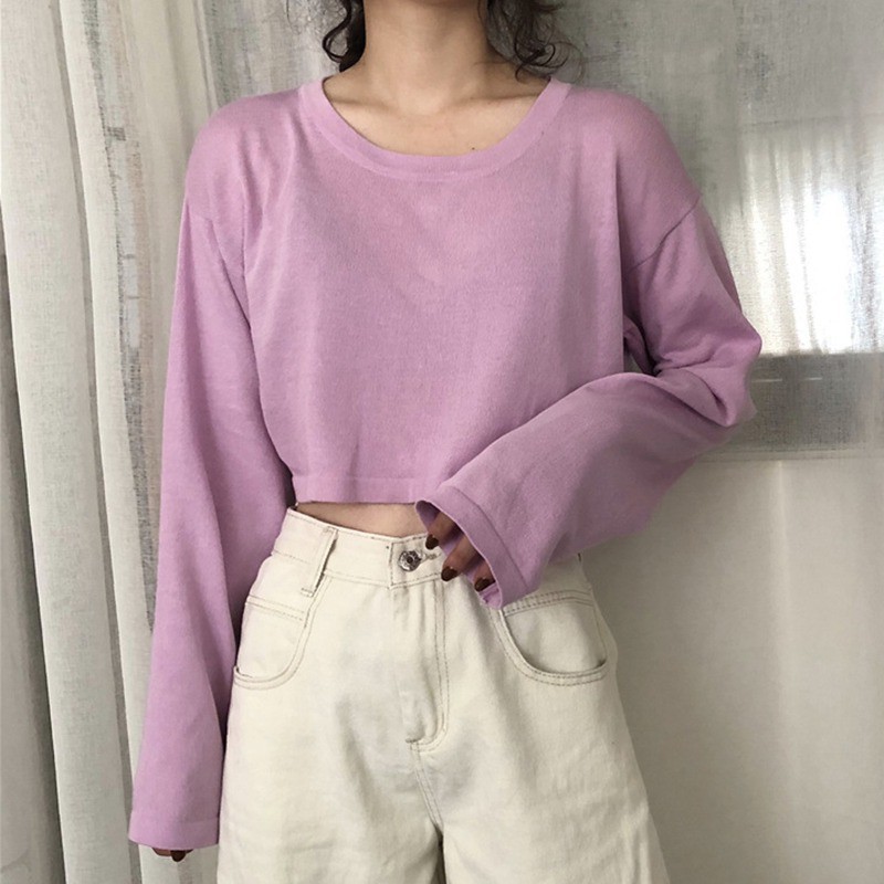 Women's Round Neck T-Shirt Long Sleeve Tops Purea Color Loose Fit Pullover Blouse | WebRaoVat - webraovat.net.vn