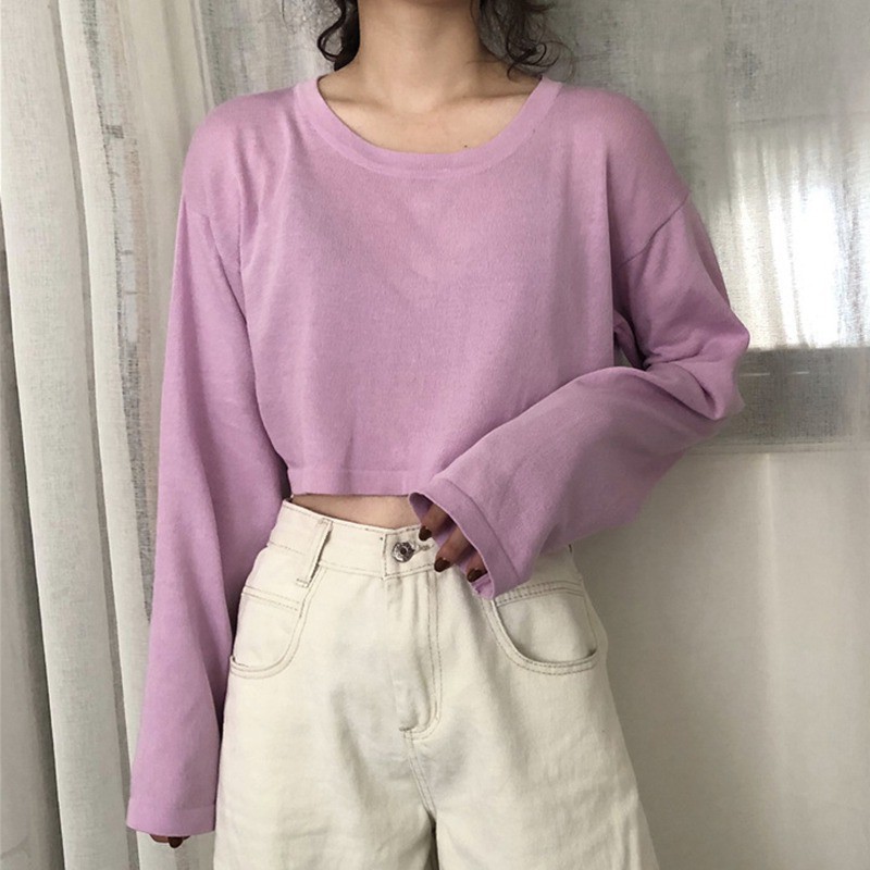 Women's Round Neck T-Shirt Long Sleeve Tops Purea Color Loose Fit Pullover Blouse | BigBuy360 - bigbuy360.vn