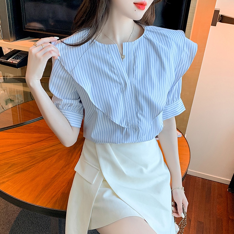 Áo Sơ Mi Tay Ngắn Phồng Họa Tiết Kẻ Sọc Thời Trang Dành Cho Nữ