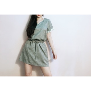 Đầm linen tay ren dây rút eo