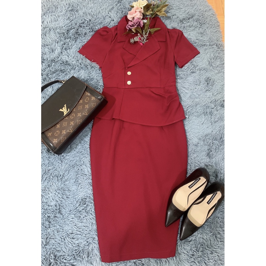 Váy Đầm Công Sở Thiết Kế Hoàng Hương Dáng Váy Liền Peplum Che Bụng Tốt Chất Vải Cát Hàn Thoáng Mát Thấm Hút Mồ Hôi