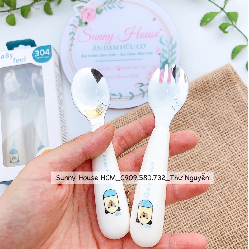 [Có hộp đựng ] Set muỗng (thìa) nĩa cho bé tập xúc đồ ăn - Inox chống gỉ [Babylove]