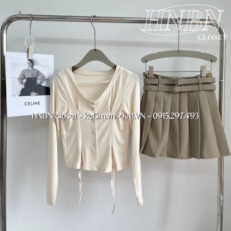Set áo thun dài tay + chân váy kèm belt
