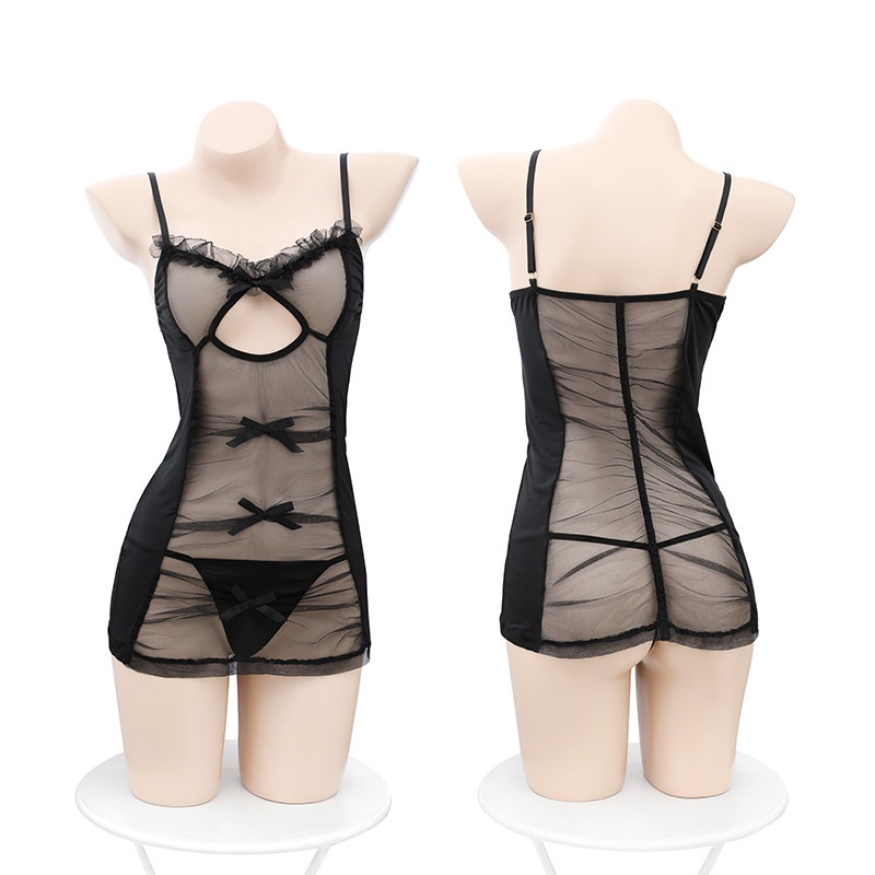 Đồ ngủ Hai Dây Phối Ren Và Nơ Màu Đỏ Đen Xuyên Thấu Gợi Cảm Cho Nữ