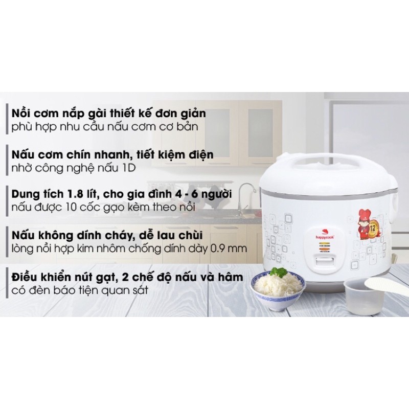 [🎁🎁🎁HAPPYCOOK - Mua 1 tặng 1] Nồi cơm điện Happy Cook 1,8L HCJ - 1822 + Tặng chảo Goldsun