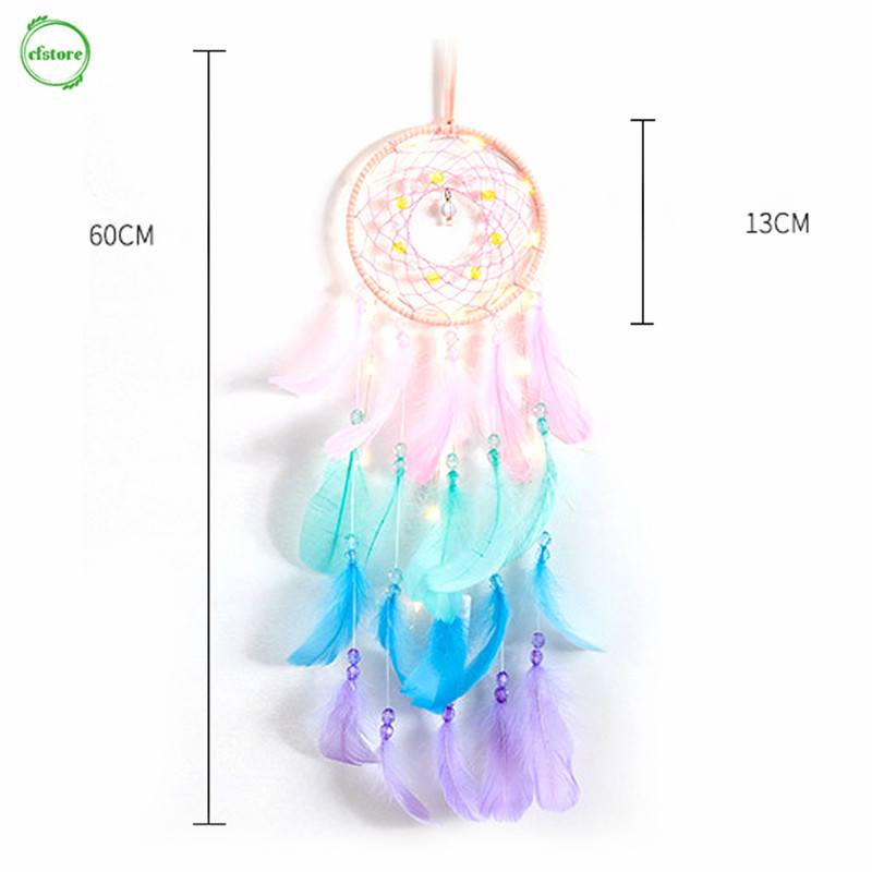 Dreamcatcher treo tường gắn lông vũ có đèn led trang trí nhà cửa