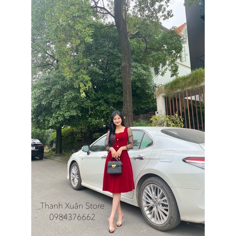 Váy Nhung Đầm nhung cổ vuông tay lưới chấm bi cao cấp cho nữ | BigBuy360 - bigbuy360.vn