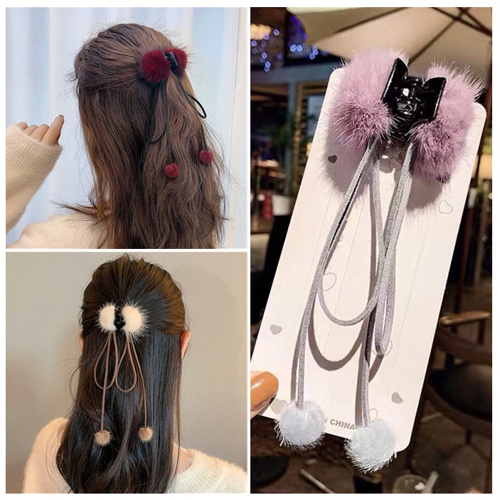 Kẹp Tóc Nơ Phối Lông Tua Rua Phong Cách retro Thời Trang Cho Nữ