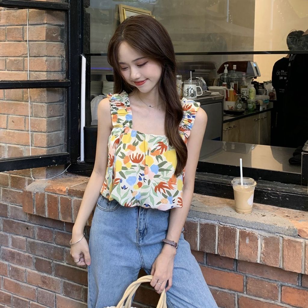 Áo Hai Dây Họa Tiết Hoa Thiết Kế Mỏng Xinh Xắn Thời Trang Dành Cho Nữ