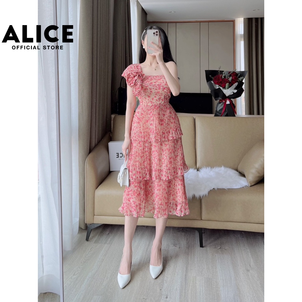 Váy Maxi Hoa Nhí 3 Tầng ALICE Đầm Thiết Kế Xếp Ly Lệch Vai Sang Chảnh, Chất Liệu Tơ Nhũ Cao Cấp  V786