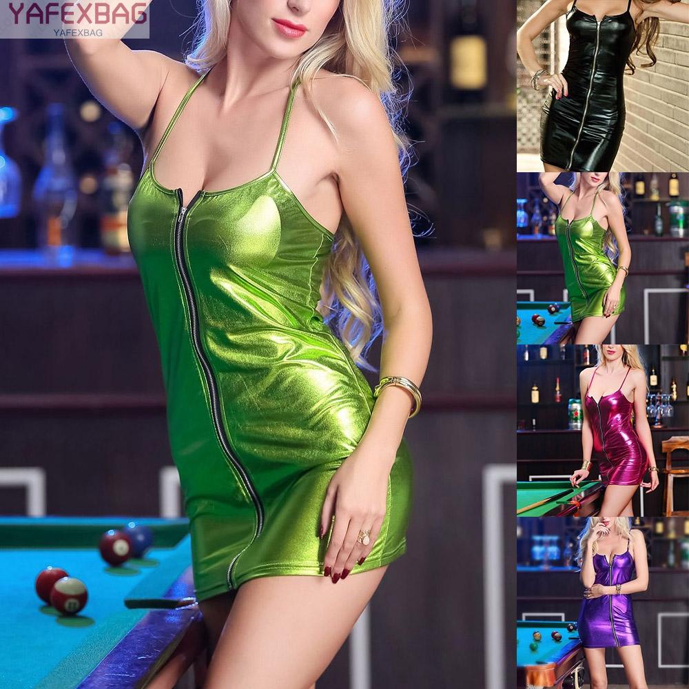 Womens Bodycon Dress Sexy Shiny Skirt Sleeveless Wet Look Bodycon Glossy