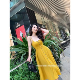 Đầm Xòe Maxi 2 Dây Phối Nút Dọc Khuy (Vàng)