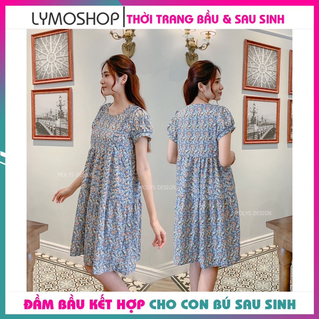 Đầm bầu sau sinh cho con bú  babydoll ba tầng hoa nhí bèo ngực MOLYS VM6644 cúc điều chỉnh mặc hết thai kỳ