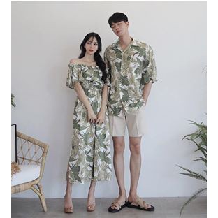 Set váy áo sơ mi đôi [FREESHIP] Đồ cặp set đồ đôi váy nữ hở vai áo sơ mi nam cổ V Hàn Quốc couple AV55 YAME Couple