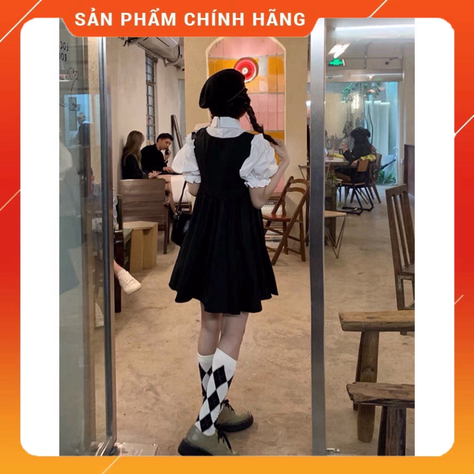 TRENDING Đầm Yếm Nữ Đen Phối Màu Cộc Tay ,Váy Yếm Nữ Có Cổ Dáng Lỡ Chất Đũi Q054