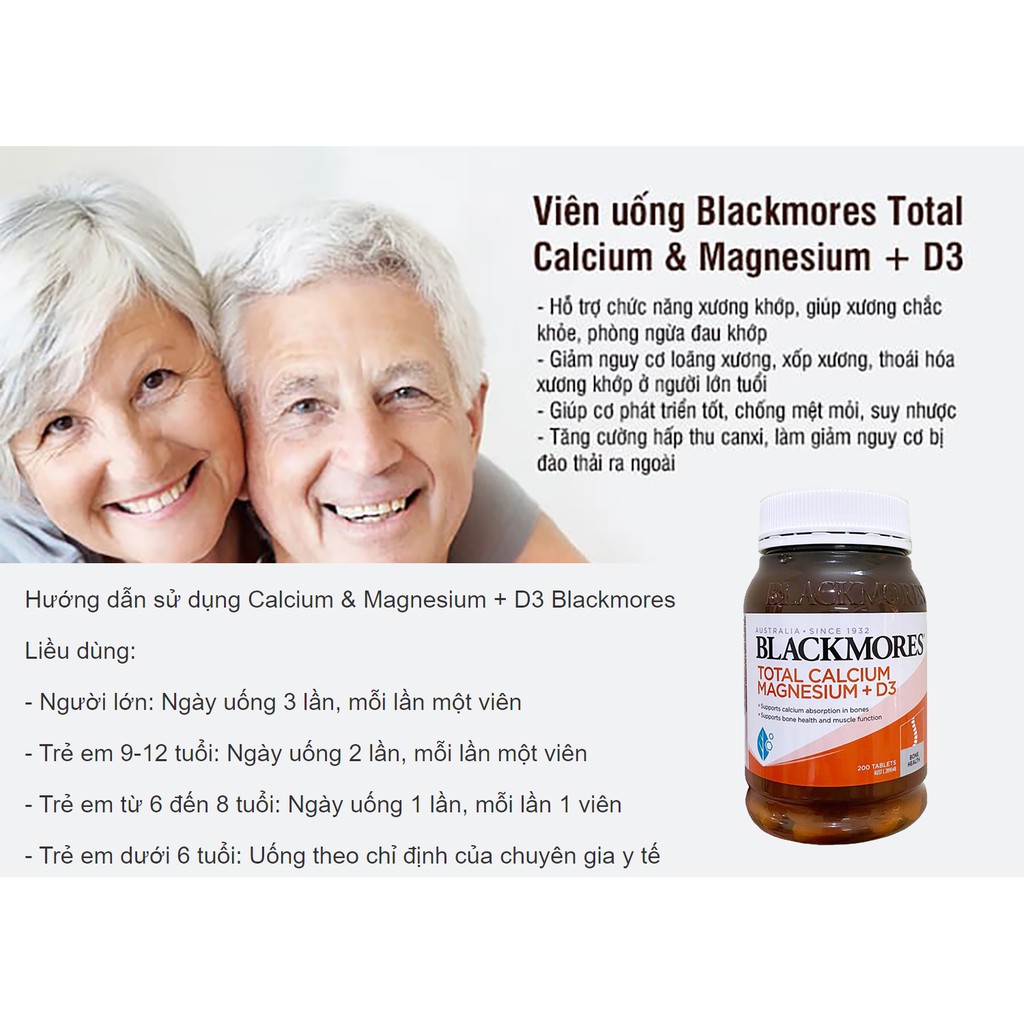 Viên uống hỗ trợ bổ sung Calcium & Magnesium + D3 Blackmores hộp 200 viên