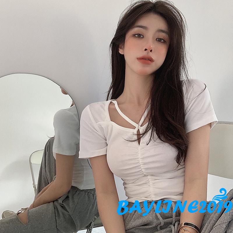 BAY-Women Casual Crop Tops, Solid Color Short Sleeve Slim-Fit Pleated Tops, One Size