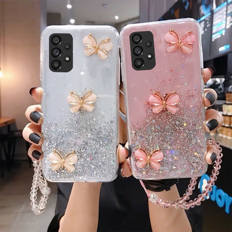 Ốp Điện Thoại Dẻo Trong Suốt Họa Tiết Bươm Bướm Nhiều Màu Kèm Dây Đeo Cho Samsung Galaxy A73 A53 A33 M23 M33 5G A13 A23 LTE 4G 2022