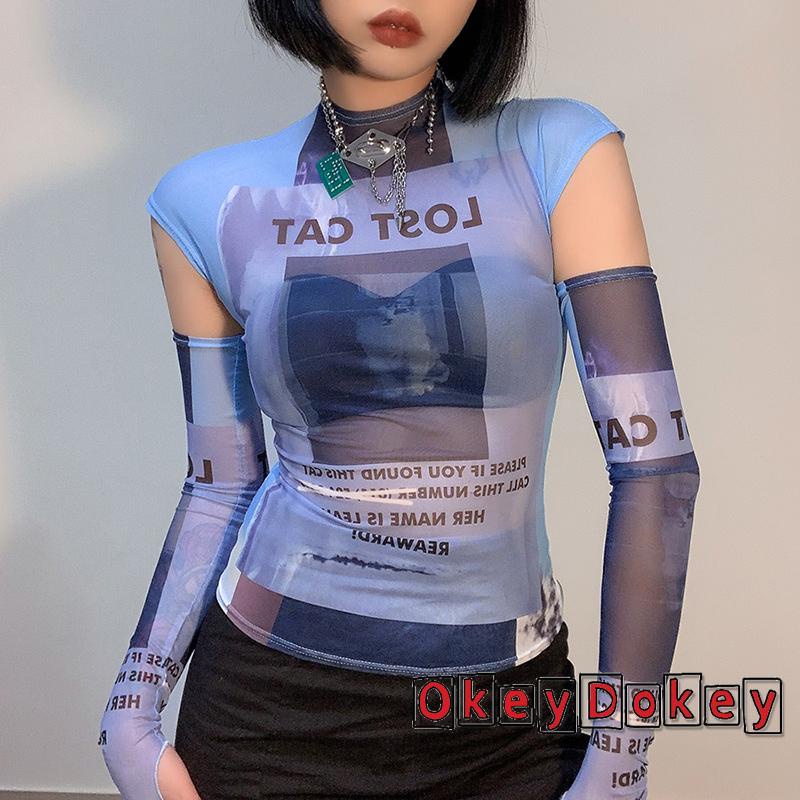 Odokey-y2k Áo Crop Top Lưới Mỏng In Chữ Đồ Họa Gợi Cảm Có Tay Áo Tập Hợp Đi Mua Sắm Du Lịch Cho Bạn Bè