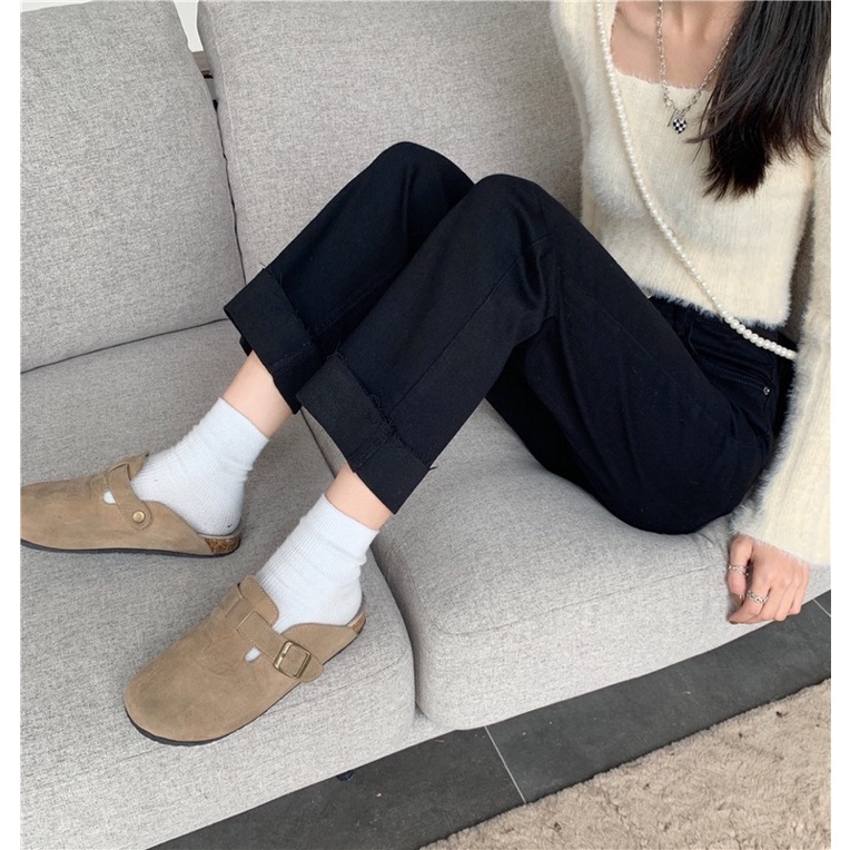 Quần jeans cạp cao dáng đứng ống suông ulzzang-ORD