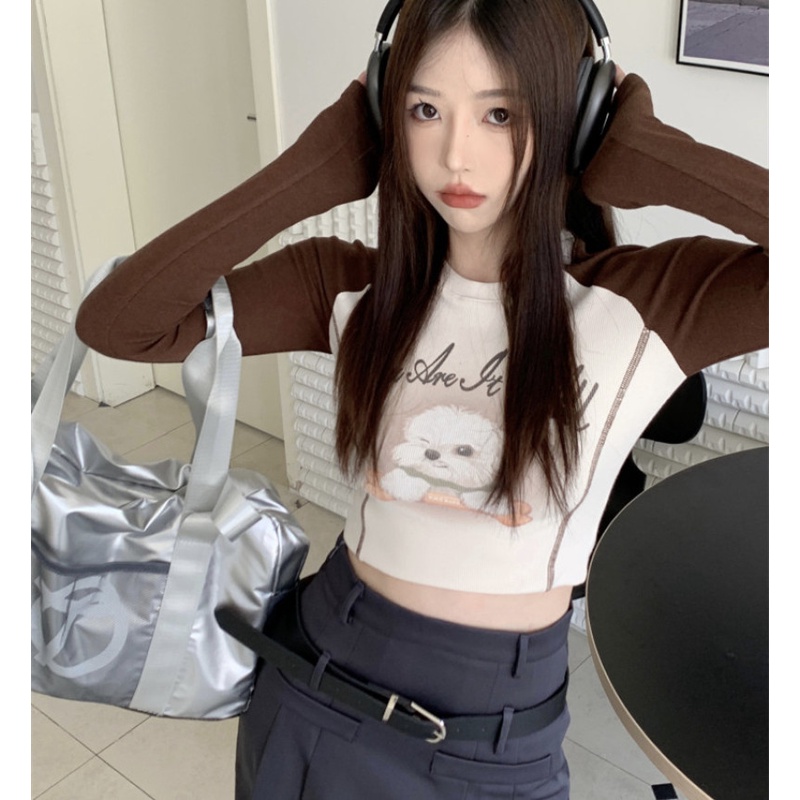 Áo Thun Tay Dài Dáng Ôm Hở Rốn In Họa Tiết Chú Cún Thời Trang Cho Tuổi Teen