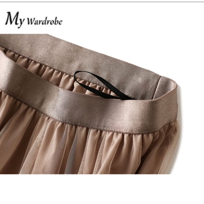 Chân váy phối lưới nhiều tầng 2 lớp màu nâu kaki