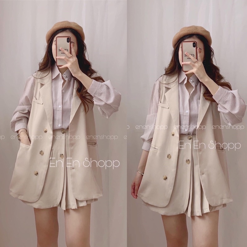 Set gile kèm chân váy xếp li/ Áo khoác gile kèm chân váy tennis có lót trong