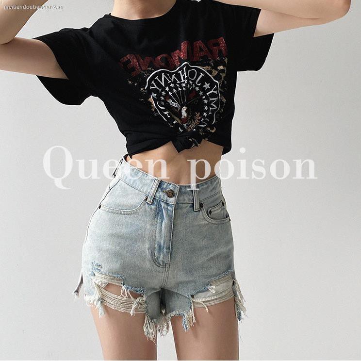 ☊☏European and American ins irregular ripped raw edge denim shorts female 2021 summer new sexy high-waisted thin A-line hot pants