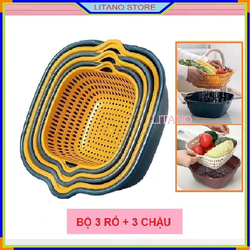 Bộ Thau Rổ Nhựa 6 Món Đựng Đồ Hình Vuông Gồm 3 Chậu và 3 Rổ Đựng Làm Ráo Nước Cao Cấp
