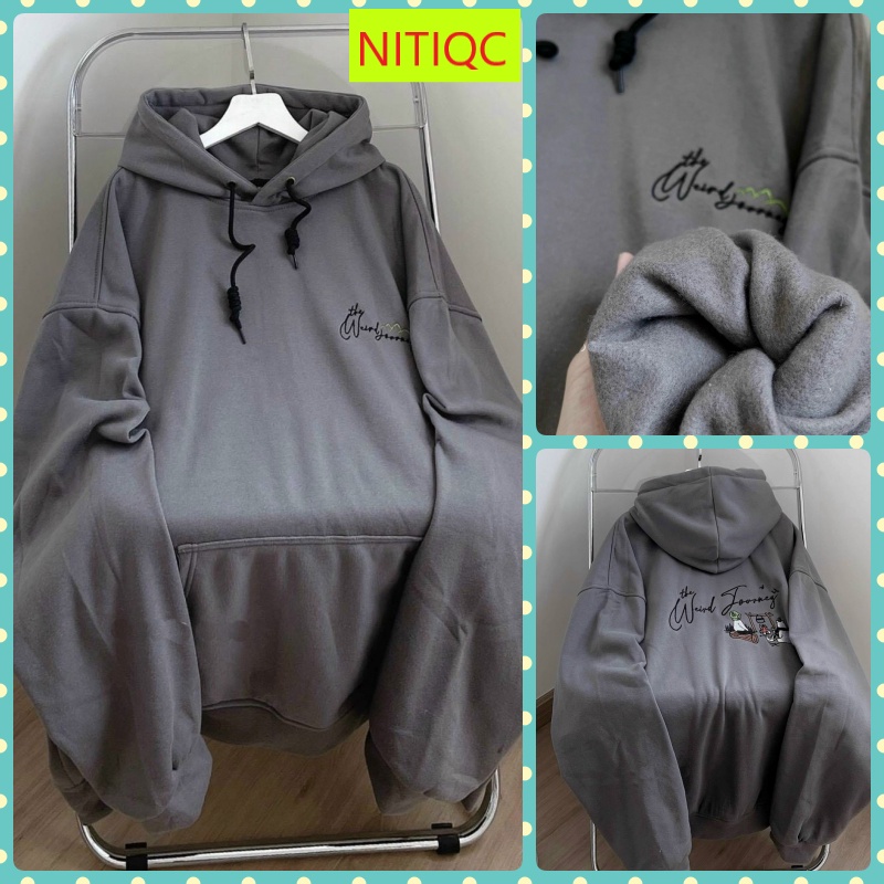 ÁO KHOÁC HOODIE TRÒNG ĐẦU NỮ NỈ NGOẠI FORM RỘNG THÊU CHỮ KÍ PHỐI THÊU ẢNH SAU MÀU XÁM DÀY DẶN CAO CẤP NITIQC