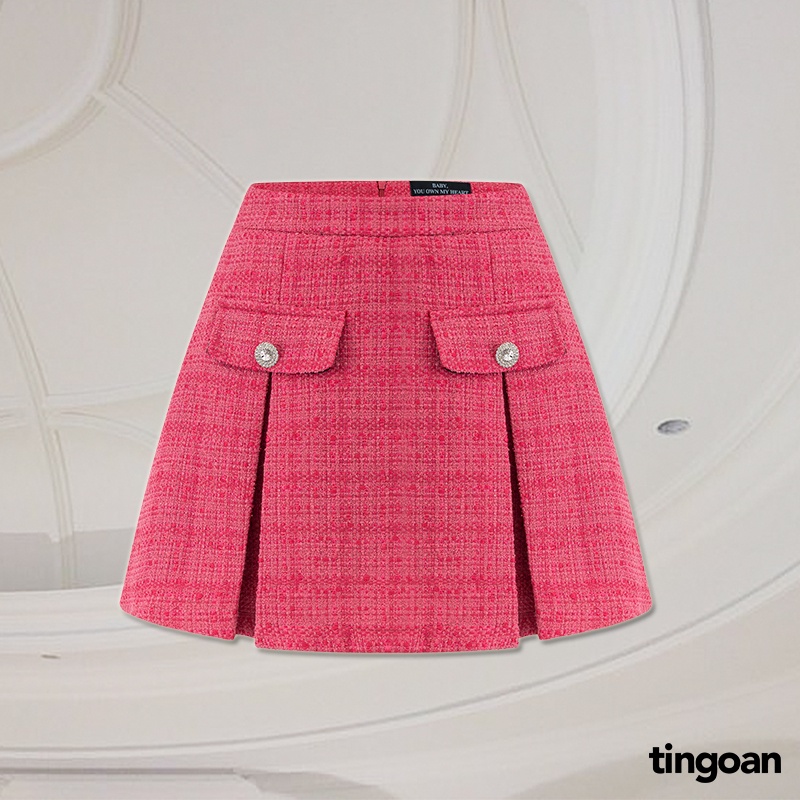 TINGOAN® - Chân váy tweed cạp lưng cao xếp ly hồng tingoan PINK SWEET SKIRT/PK (có quần trong)