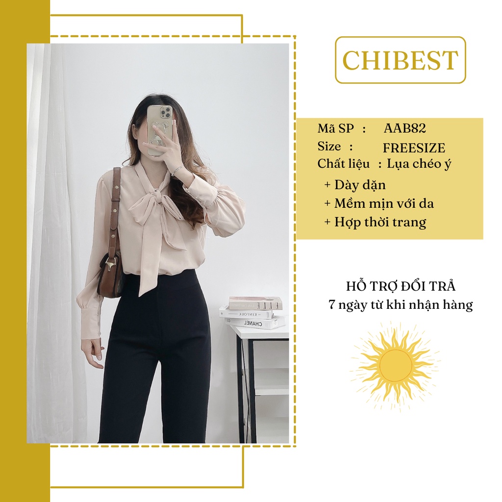 Áo somi nơ cổ tay dài chất vải lụa mềm mịn  CHIBEST AAB82
