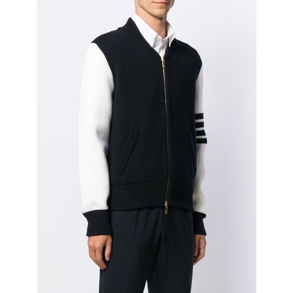Áo khoác len lông cừu Thom Brow.ne 4-Bar Varsity zip up 809 hàng thiết kế tay áo kẻ sọc cực sang trọng