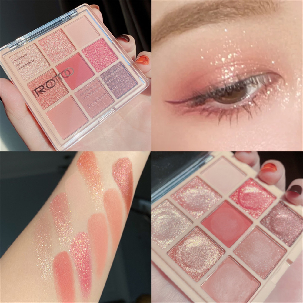 Bảng phấn mắt Roto 9 màu lì và ánh ngọc trai kết hợp phong cách cổ điển Hàn Quốc dành cho người mới bắt đầu