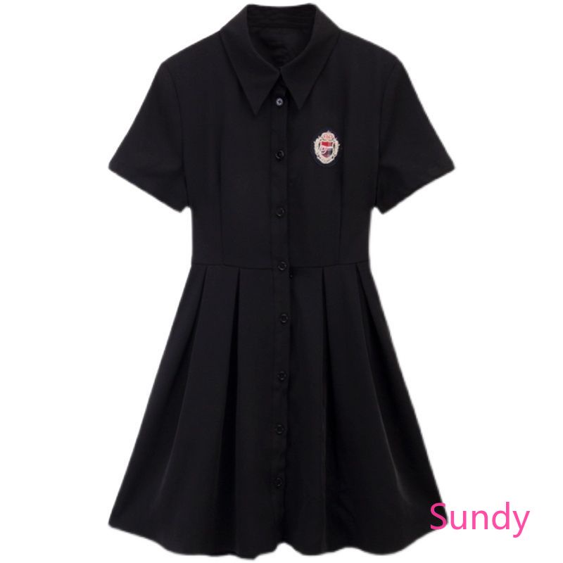 Plus Đầm Tay Ngắn Cổ Polo Màu Đen Xếp Ly Thời Trang Mùa Hè Cho Nữ