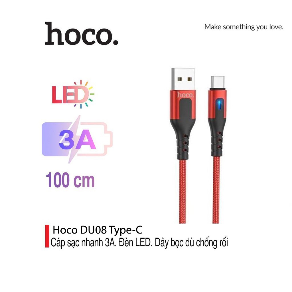 Cáp sạc nhanh 3A Hoco DU08 Type-C vải dù chống đứt có đèn Led cho Android dài 1M