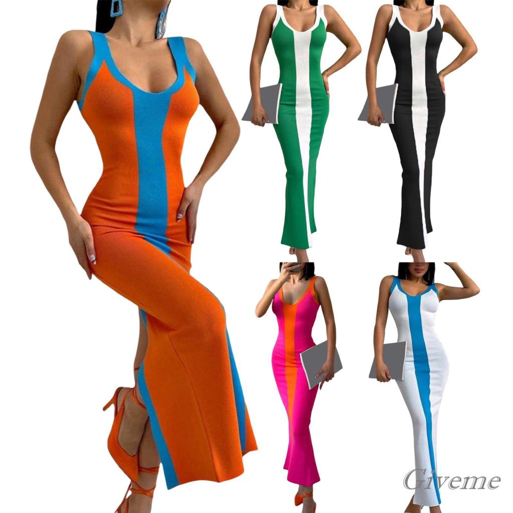 Đầm Midi Dệt Kim Sát Nách Cổ Chữ V Màu Sắc Tương Phản Thời Trang Cho Nữ
