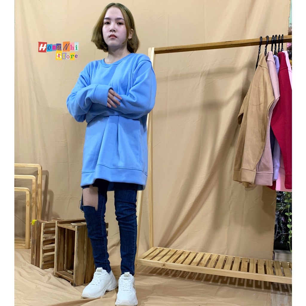 Áo Sweater Trơn Ulzzang Unisex Màu Xanh Chất Nỉ Bông Cao Cấp Dáng Rộng Nam Nữ - MM