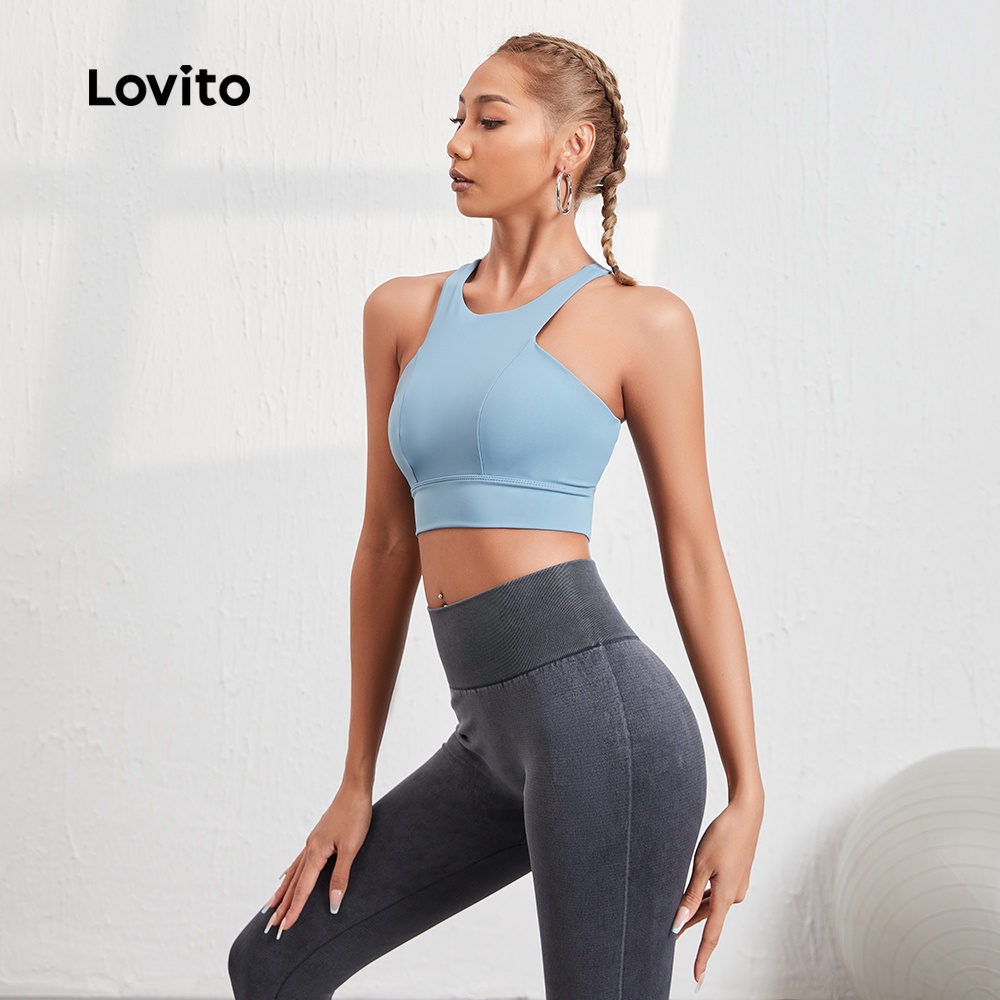 Áo bra thể thao Lovito màu trơn đơn giản thiết kế lưng đẹp nhanh khô L08069 (Màu xanh dương nhạt)