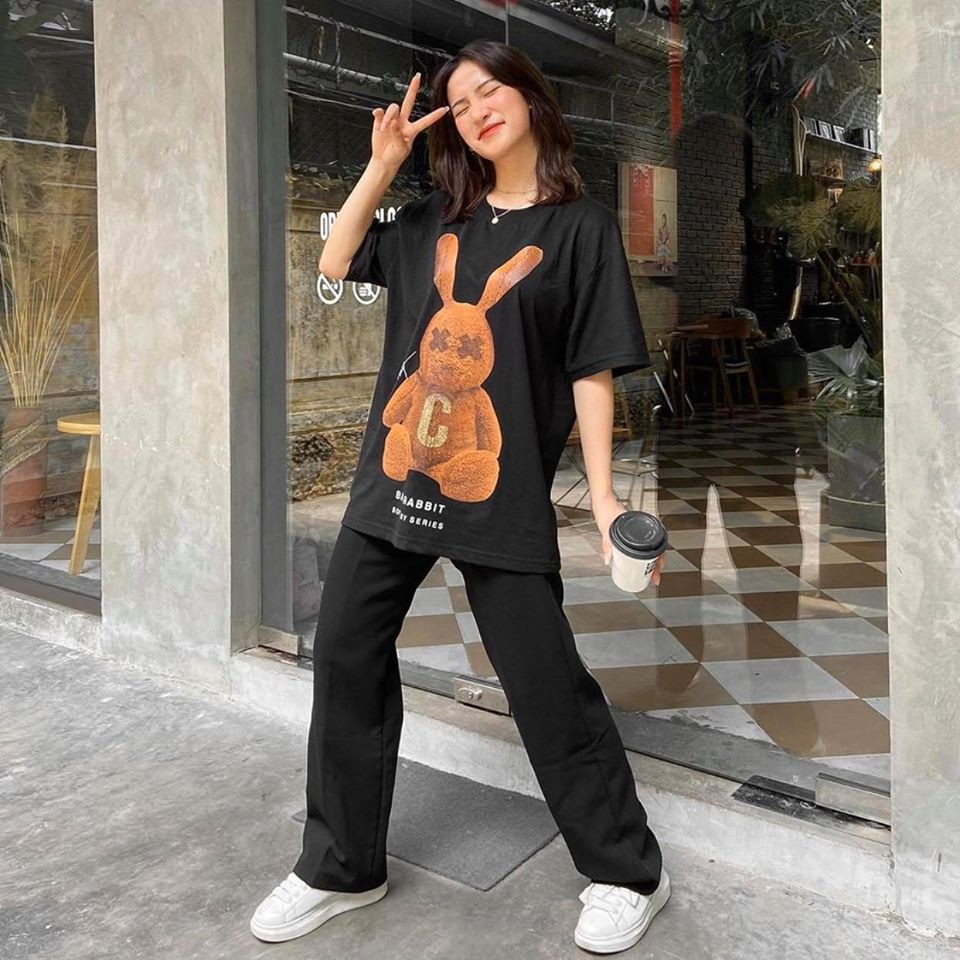 Áo thun tay lỡ YAYSHOP unisex nam nữ form rộng vải cotton mềm mịn thỏ nâu