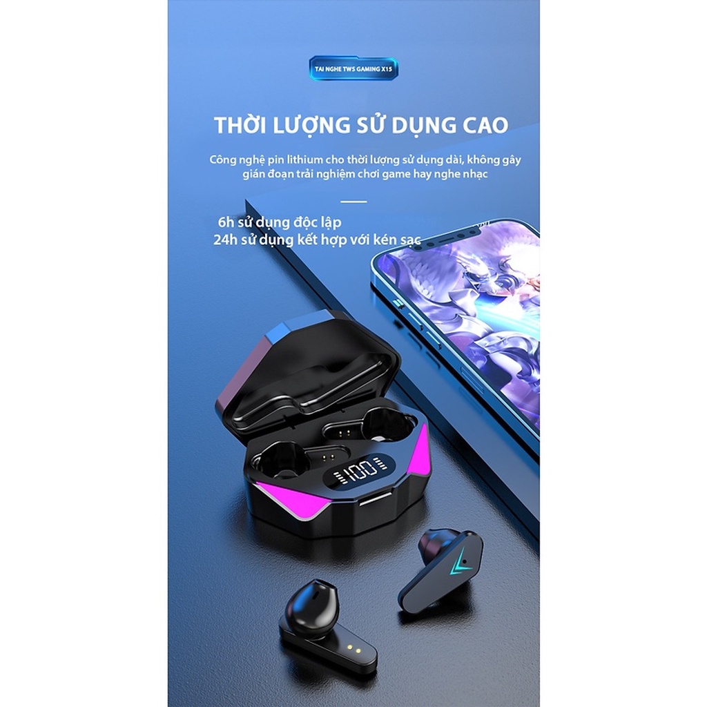 Tai nghe không dây gaming X15 TWS công nghệ Bluetooth 5.0 cảm biến chạm, không có độ trễ, thiết kế thể thao